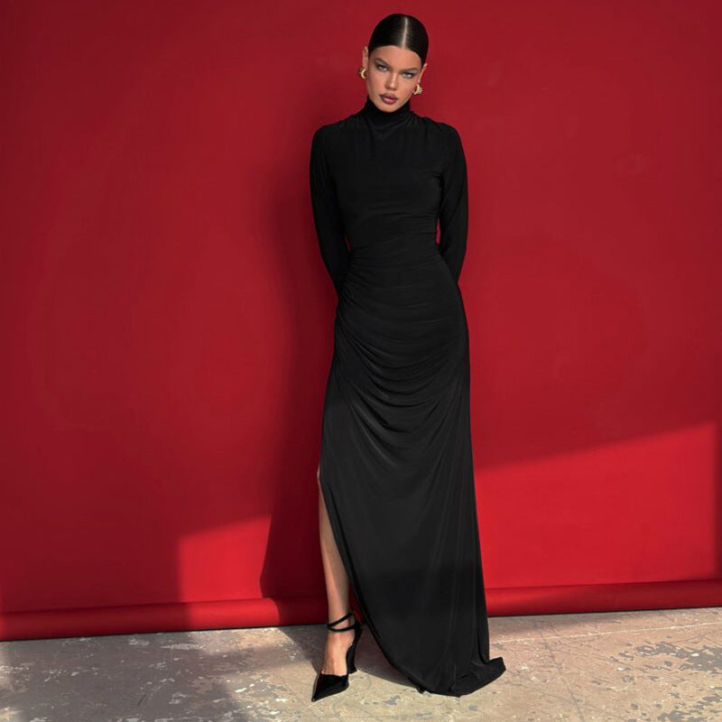 Women Clothing High Collar Slim Fit Long Sleeves High Slit Elegant Maxi Dress Bella Mia