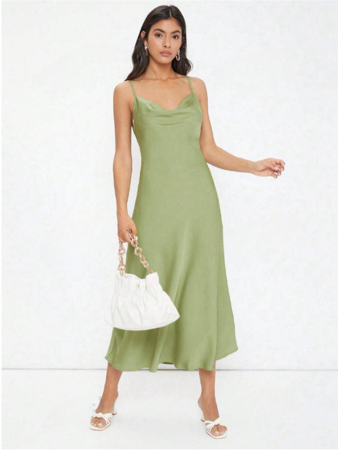 Women Clothing Spring Summer Satin Sling Deep V Plunge neck Slim Solid Color Dress Bella Mia