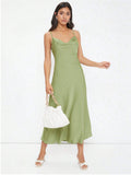 Women Clothing Spring Summer Satin Sling Deep V Plunge neck Slim Solid Color Dress Bella Mia