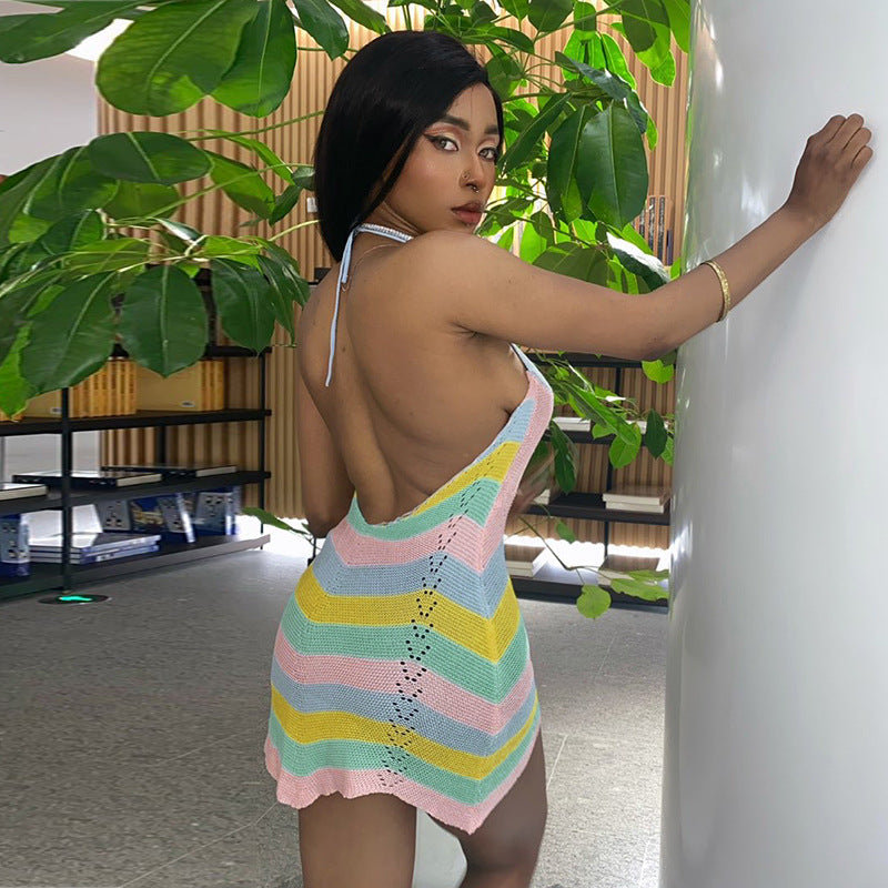 Wave Striped Contrast Color Product Mother Halter Straps Backless Chest Hollow Out Cutout Sexy Woolen Short Dress Women Bella Mia