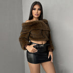 Fall Women Clothing Sexy Exposed Cropped off Shoulder Loose Comfortable Plush Top Bella Mia