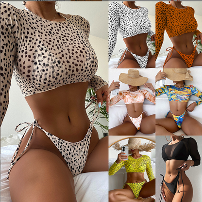 Three-Piece Swimsuit with Chest Pad Triangle Split Swimsuit Shoelace Bikini Long Sleeve Blouse Slim and Sexy Bikini LUXLIFE BRANDS