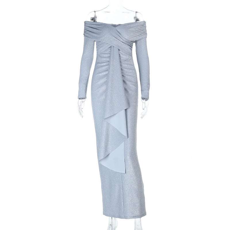 Off Shoulder Rhinestone Shiny Long Sleeve Dress Women Sexy Dress Bella Mia
