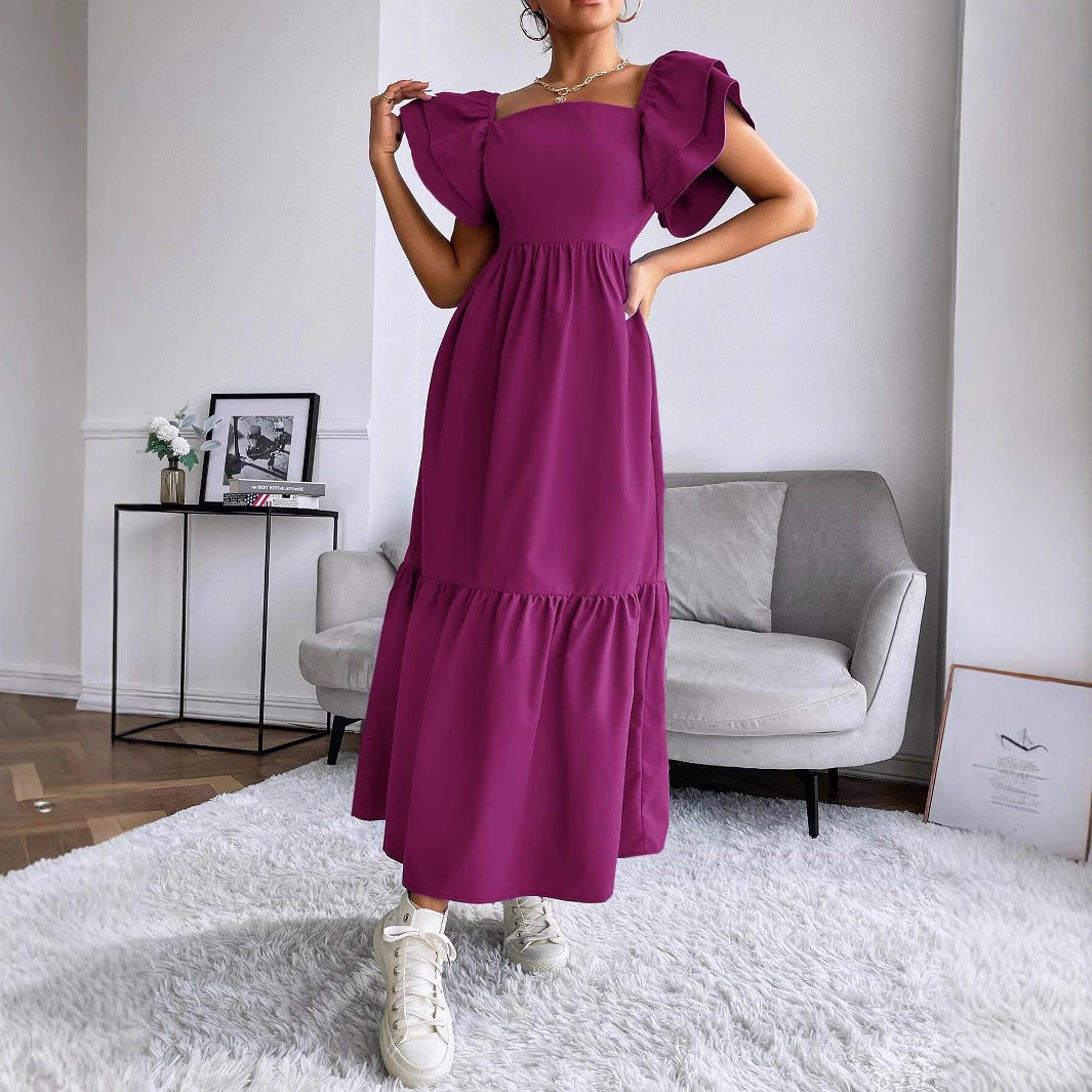 Women Clothing Ruffled A line Dress off Neck Flying Sleeves Solid Color Long Dress