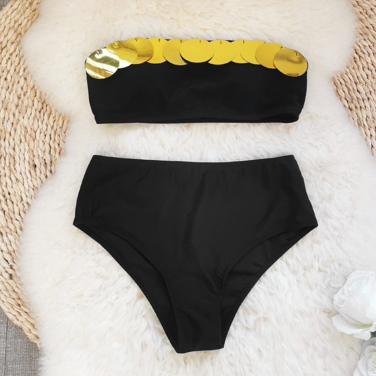 Pure Black Gold Sequined Tube Top Split Swimsuit Women Sexy High Waist Bikini Bella Mia