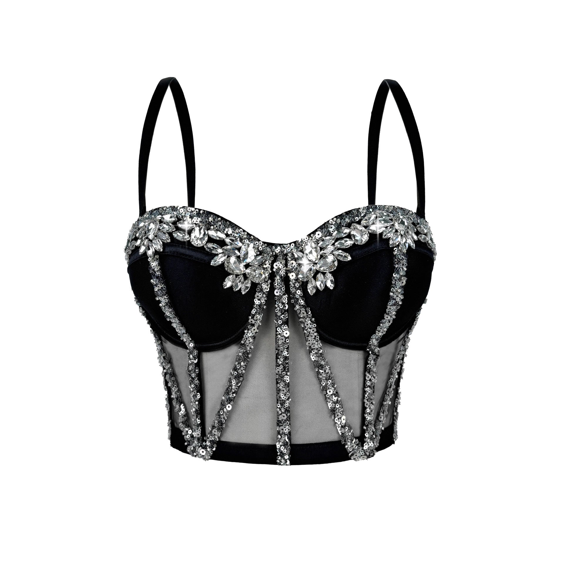 Rhinestone Mesh Boning Corset Bra Semi-Transparent Sexy Slimming Sling Bandeau Slim Fit Rhinestone Boning Corset Top Stage Bella Mia