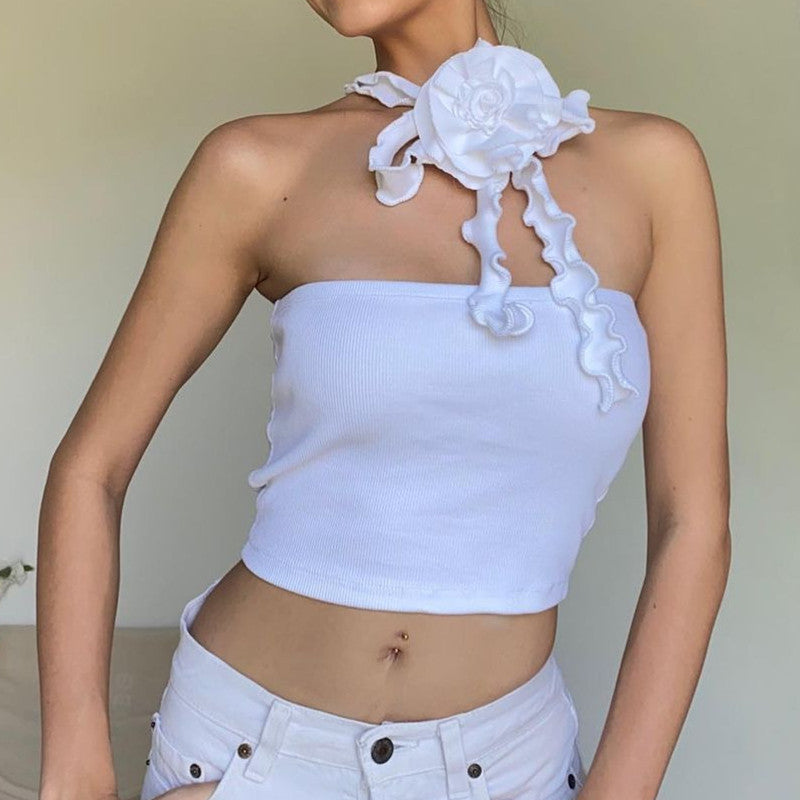 Spring Sexy French Three Dimensional Floral Ribbon Halter Stitching Tube 3D Rose Top Vest for Women Bella Mia