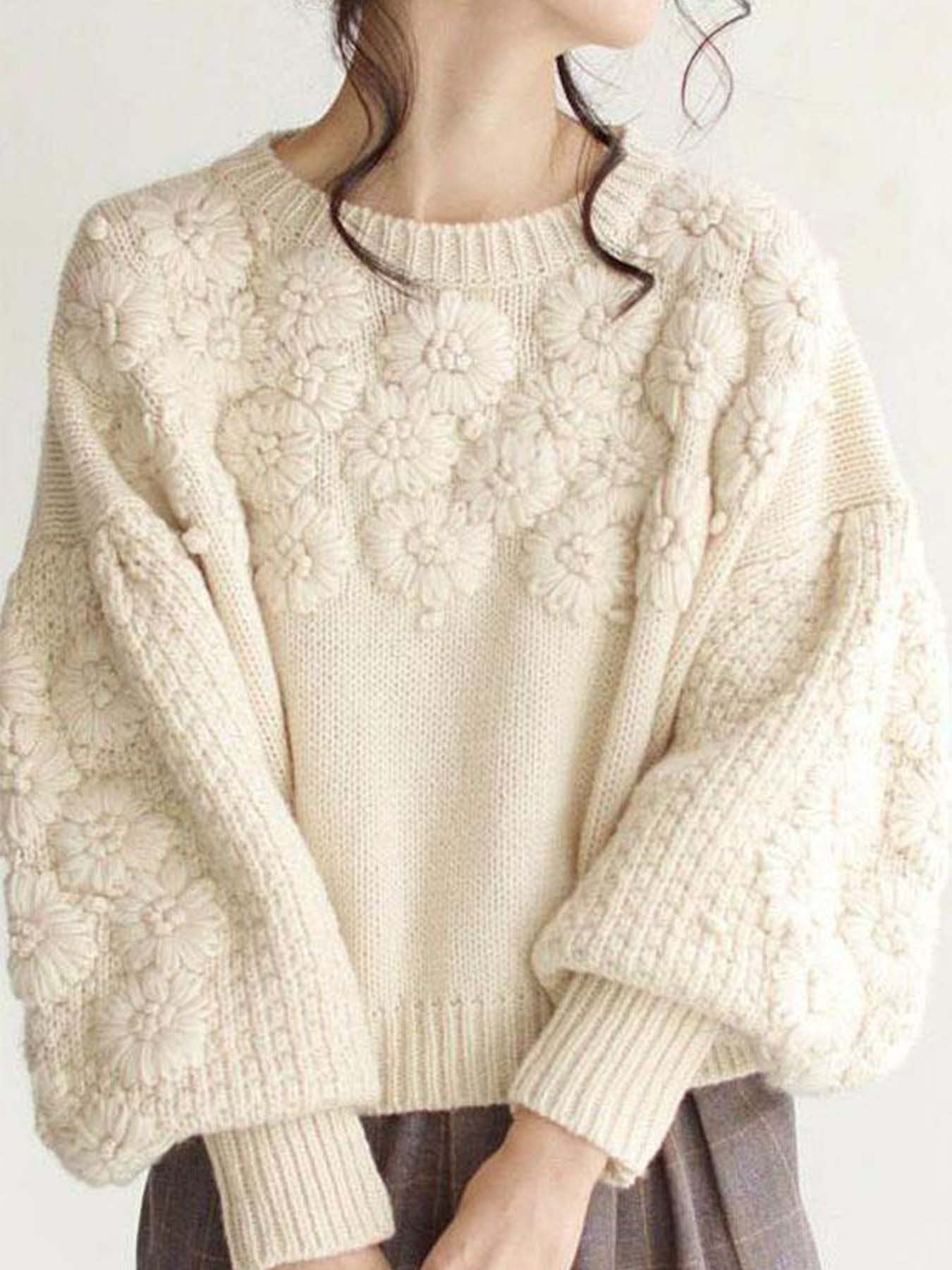 Autumn Winter Fresh Machine Embroidery Three Dimensional Little Daisy Pullover round Neck Loose Knitted Sweater Bella Mia