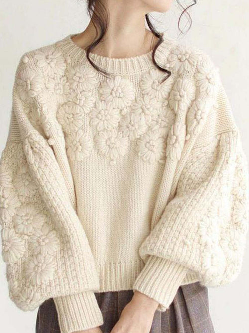 Autumn Winter Fresh Machine Embroidery Three Dimensional Little Daisy Pullover round Neck Loose Knitted Sweater Bella Mia