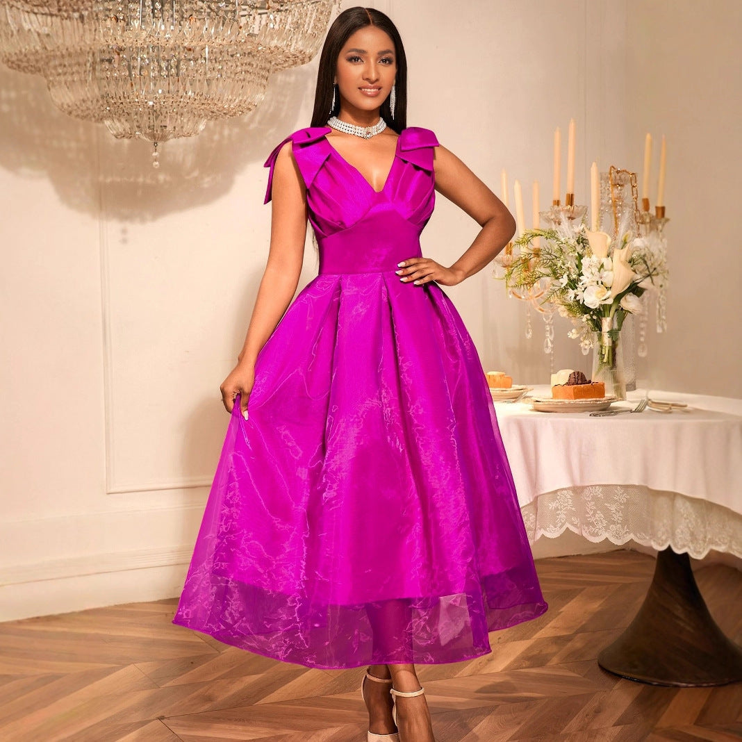 Sexy V neck Bow Sleeveless Dress High Waist Slim Fit Elegant Party Evening Dress Bella Mia