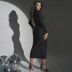 Women Clothing Autumn round Neck Slim Fit Slit Bright Color Dress Bella Mia
