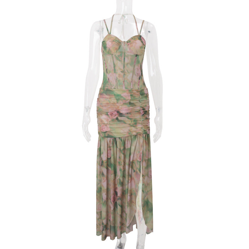 Women Clothing Summer Sexy Spaghetti Strap Floral Print Vacation Beach High Waist Slimming Slit Dress Women Bella Mia