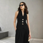 Women Elegant Solid Color V neck Sleeveless Vest High Waist Wide Leg Pants Set Bella Mia
