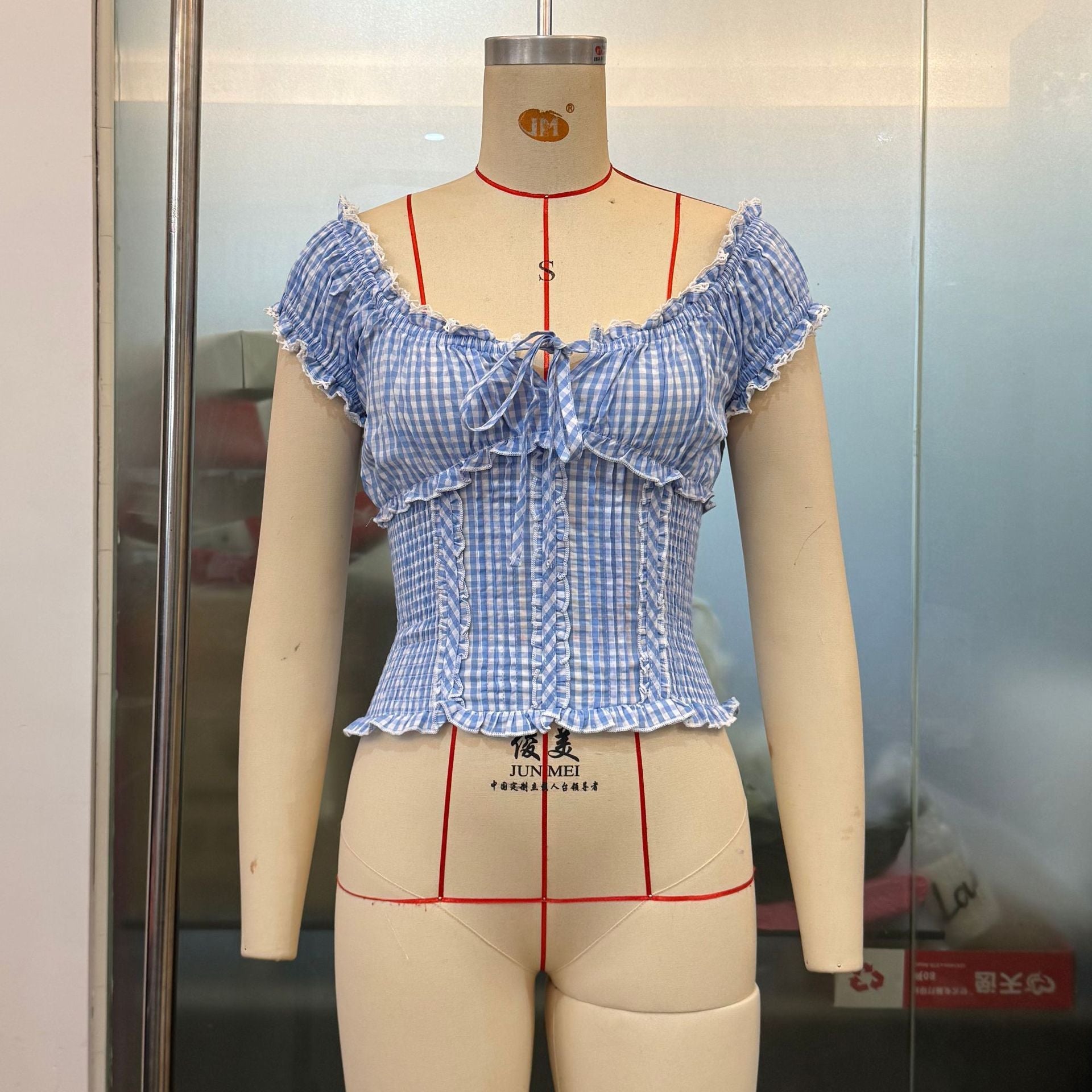 Summer Women Clothing French Plaid Sweet Pure Want Lace Edge Puff Sleeve Short Top Bella Mia