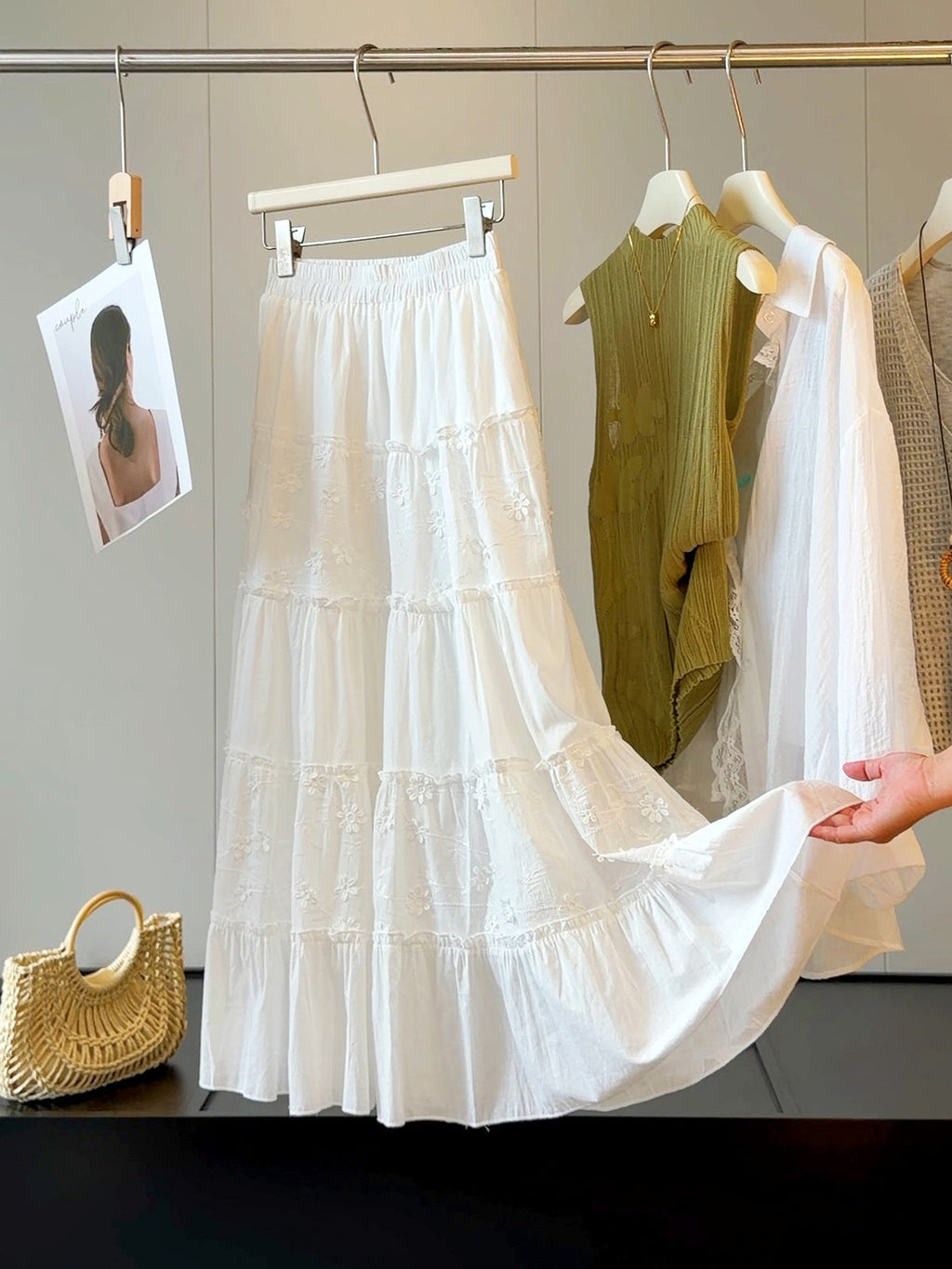 White Three Dimensional Floral Skirt Women Summer High Waist Slimming A line Splicing Tiered Long Skirt