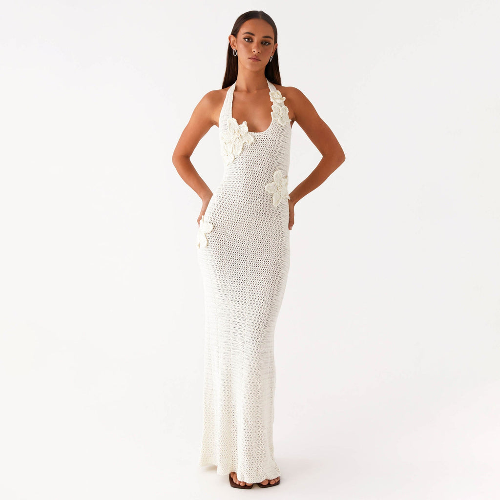 Sexy Hollow Out Cutout Floating Floral Halter Backless Sleeveless Casual Vacation Beach Dress Bella Mia
