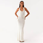 Sexy Hollow Out Cutout Floating Floral Halter Backless Sleeveless Casual Vacation Beach Dress Bella Mia