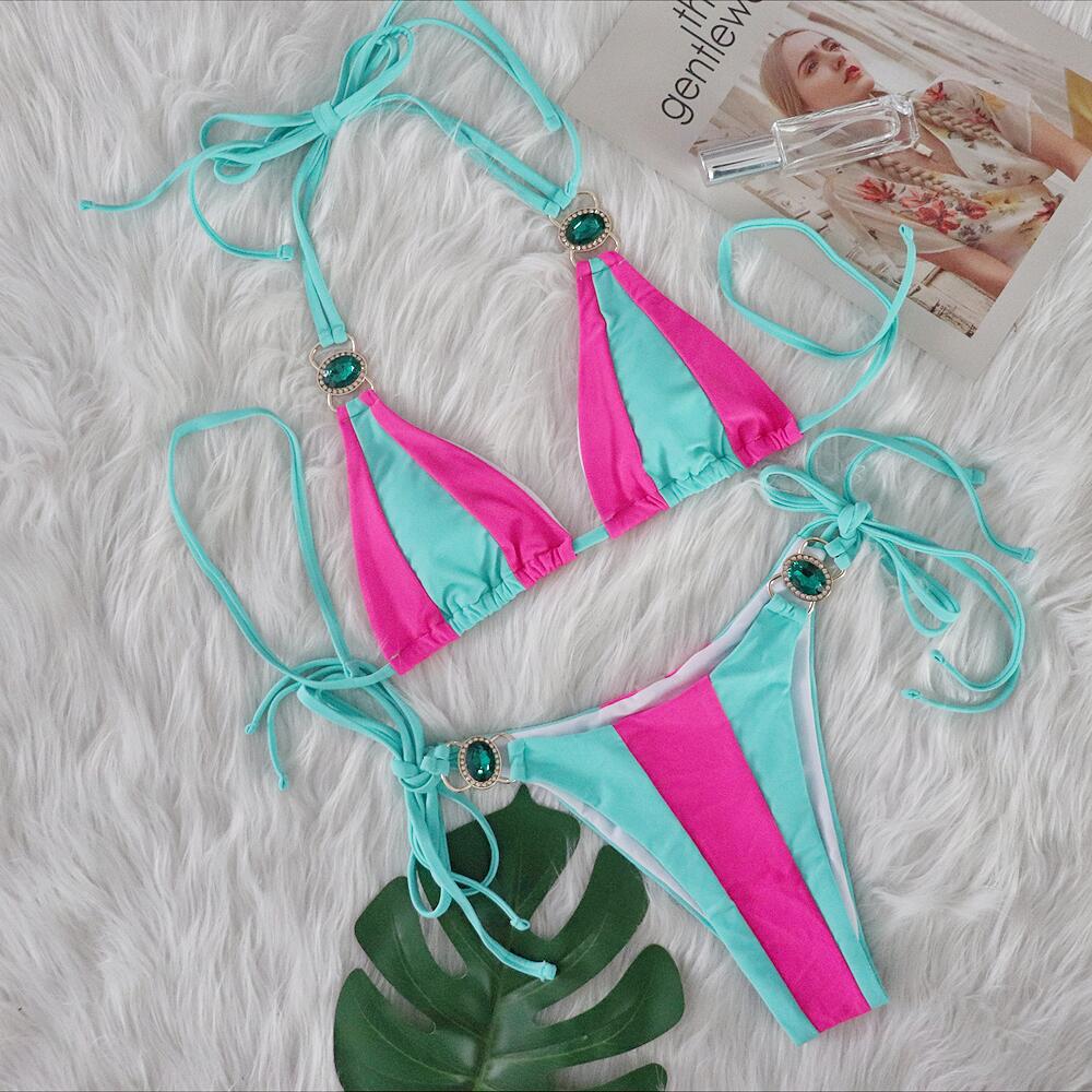 Sexy Crystal Diamond Bikini Solid Color Patchwork Bandage Swimsuit Vacation Split Women Swimsuit Bella Mia
