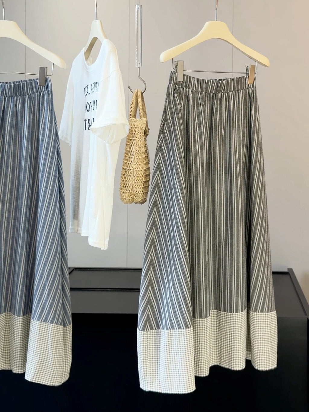 Retro Plaid Stitching Striped Skirt Women Summer High Waist Slimming Drape A line Umbrella Skirt