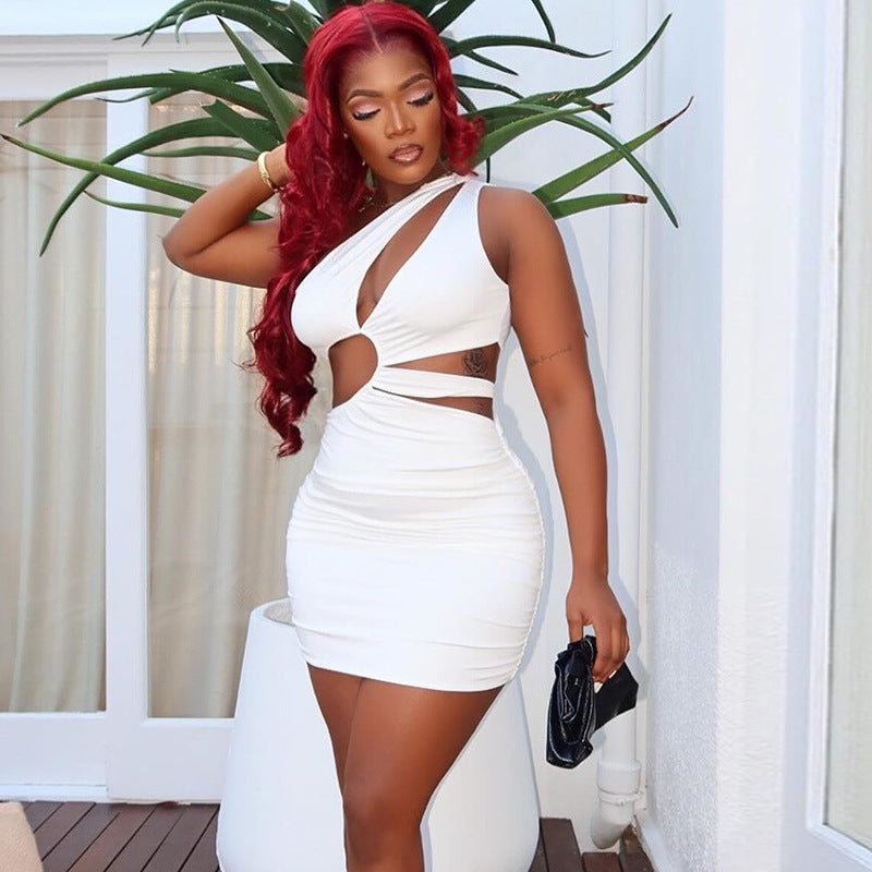 Casual Women Clothing Hollow Out Cutout Comfortable Elegant Simple Solid Color Hip dress Sleeveless Diagonal Collar Short Dress Bella Mia
