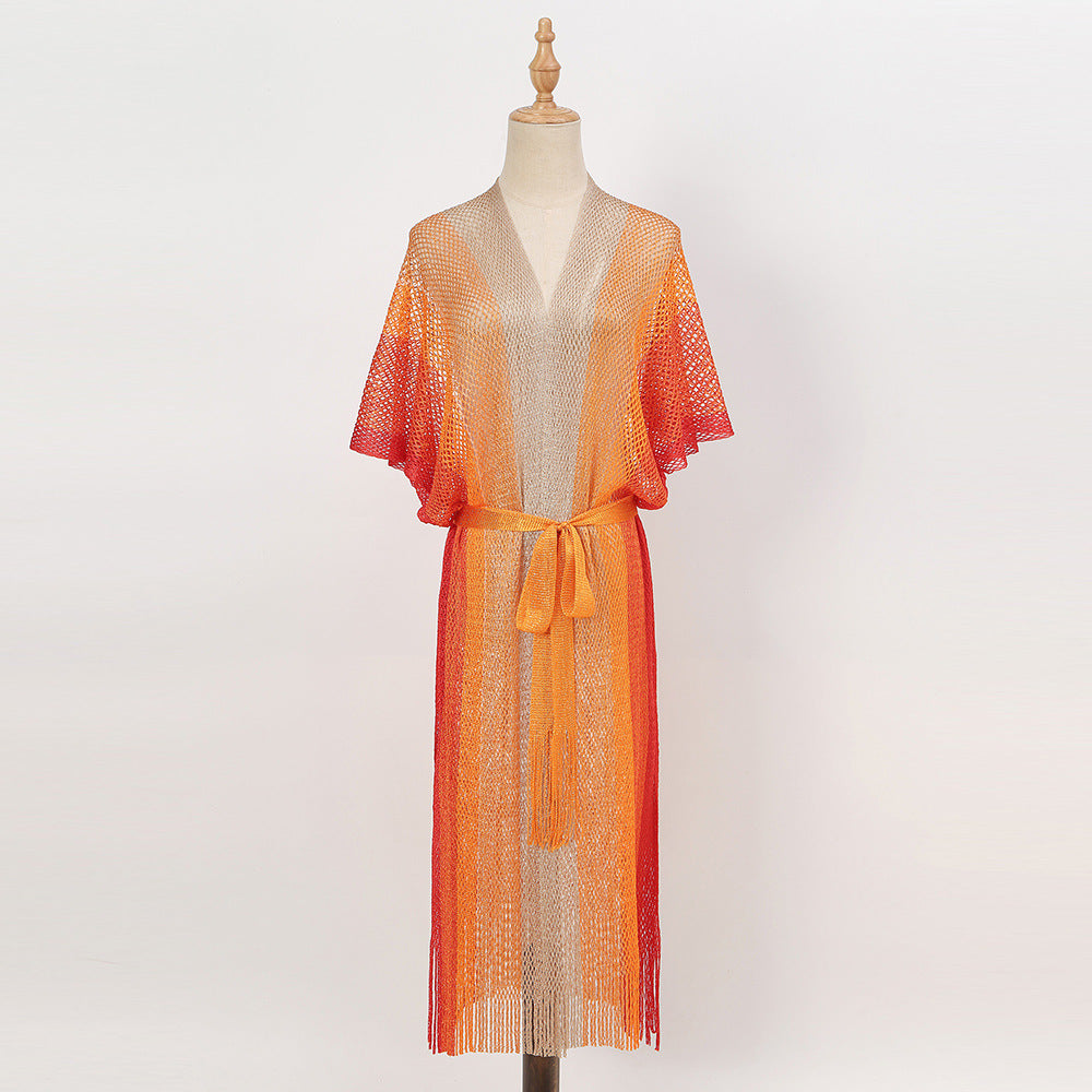 Summer Beach Sun Protection Shirt Gradient Color Lace Up Tassel Beach Cover Up Short Sleeve Knitted Long Cardigan Bella Mia