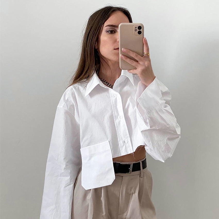 Autumn Cropped Asymmetric Stitching Casual Dignified Sense of Design Short Model in White Color Shirt Women Clothing Bella Mia