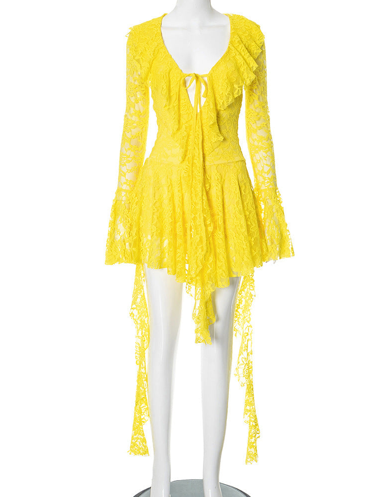 Women Clothing Lace Lotus Leaf Streamer Long Sleeve with Safety Pants Short Dress Bella Mia