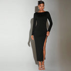 Sexy Socialite Dress Autumn Winter round Neck Bare Back Design Mid Length Dress Bella Mia