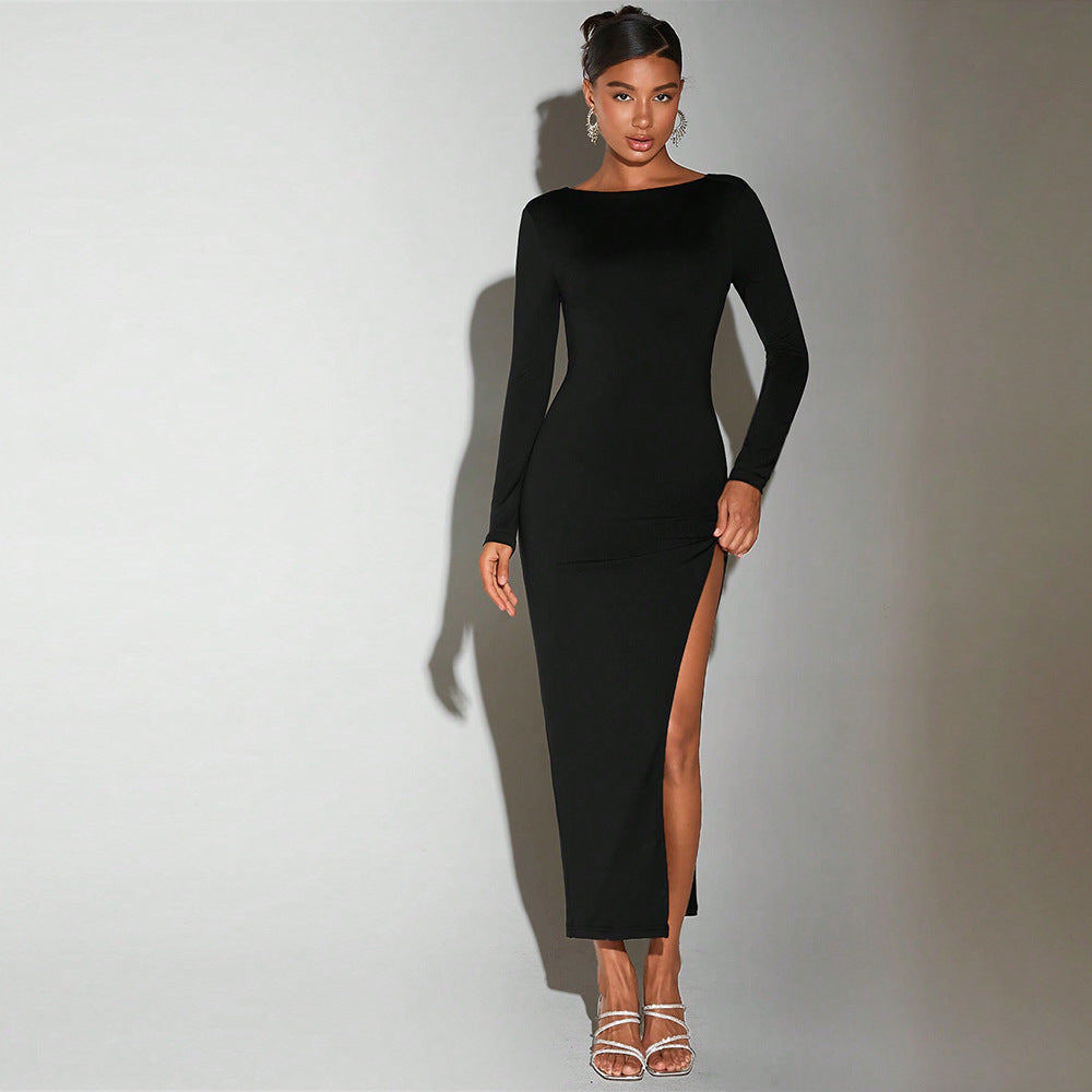 Sexy Socialite Dress Autumn Winter round Neck Bare Back Design Mid Length Dress Bella Mia