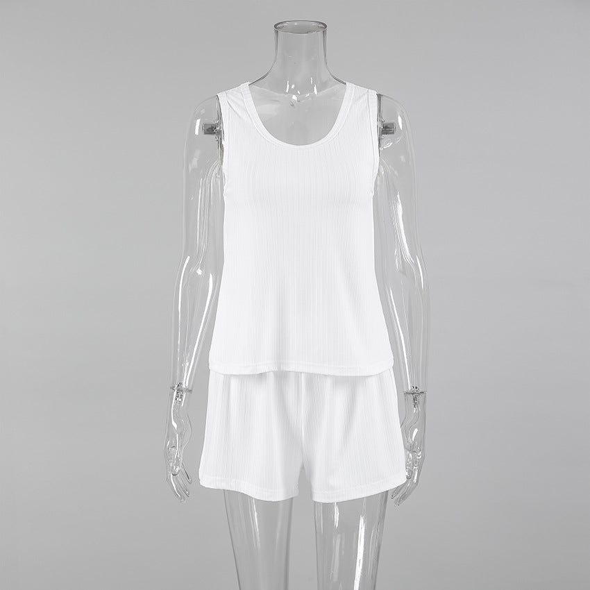 Spring Knitted Sunken Stripe Ladies Homewear Vest Shorts Two Piece Set Casual Soft Simple Pajamas Bella Mia