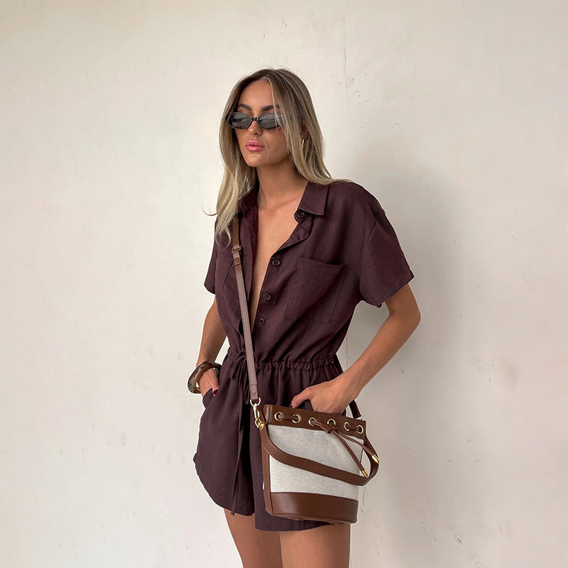 Shirt Collar Solid Color Waist Tight Short Sleeve Romper for Women Casual Bella Mia