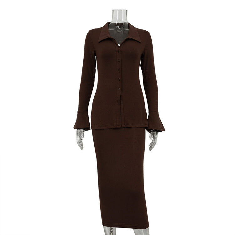 Women Collared Flared Sleeve Cardigan Top Hip Skirt Two Piece Set Bella Mia