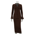 Women Collared Flared Sleeve Cardigan Top Hip Skirt Two Piece Set Bella Mia