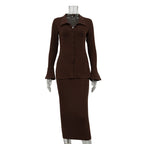 Women Collared Flared Sleeve Cardigan Top Hip Skirt Two Piece Set Bella Mia