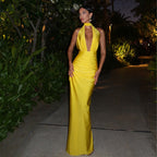 Summer Sexy V neck Halter Backless Dress Solid Color Split Dress Bella Mia