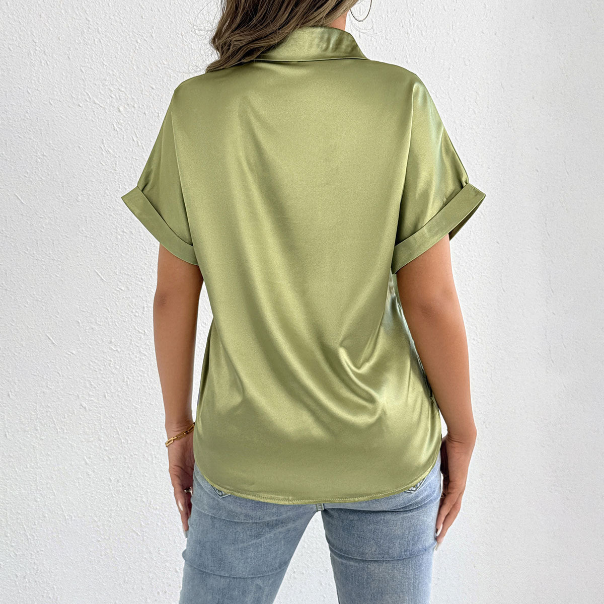 Women Clothes Summer Blue Color Satin Shirt Women Satin Shirt Bella Mia