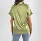 Women Clothes Summer Blue Color Satin Shirt Women Satin Shirt Bella Mia