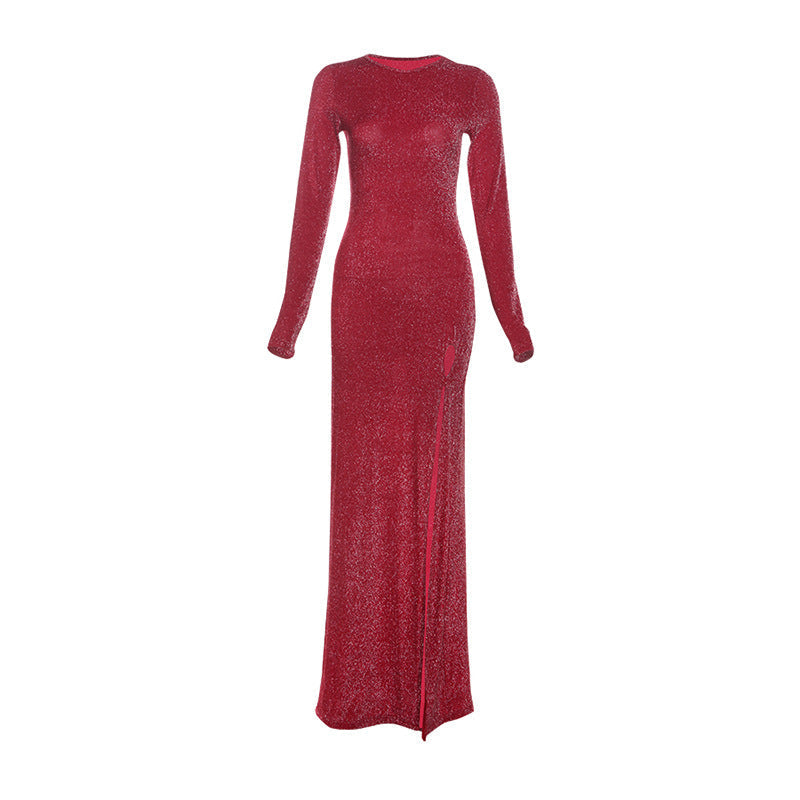 Winter Women Clothing Personality round Neck Elegant Slim Fit Sexy Slit Long Sleeve Dress Women Bella Mia