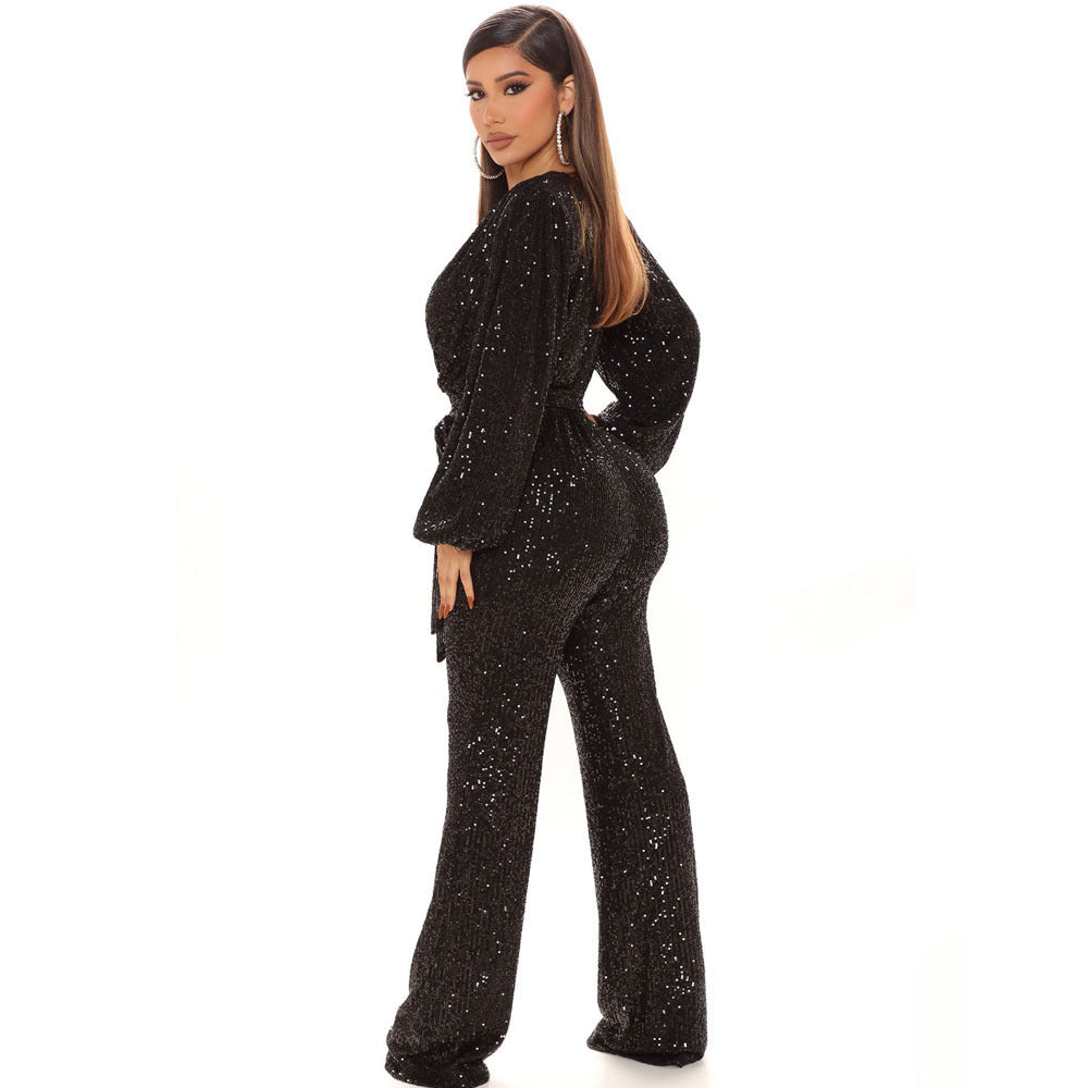 Fall High-End Women Sequ Deep V-neck Long Sleeve Jumpsuit Jumpsuit Trousers Bella Mia
