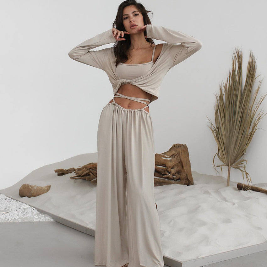 Suspender Top Trousers Long Sleeve Three Piece Set Comfortable Pajamas Autumn Knit Casual Homewear Bella Mia