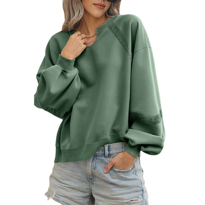 Solid Color Half Open Collar Stitching Lace Loose Stylish Long Sleeves Sweater Bella Mia