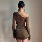 Women Clothing Autumn Sexy Diagonal Collar Solid Color Lace up Faux Two Piece Pleated Long Sleeve Narrow Dress Bella Mia