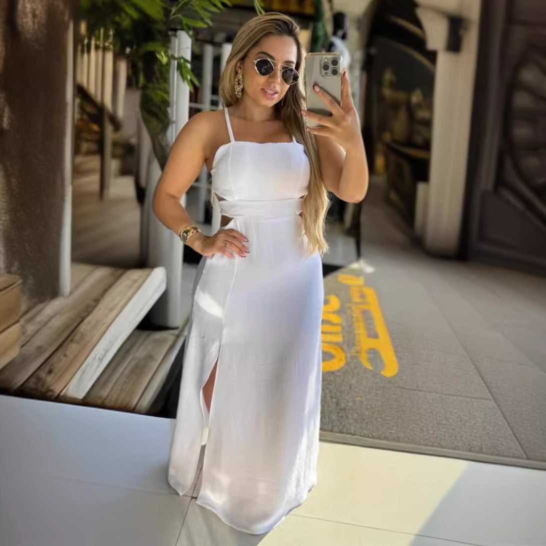 Women Solid Color Sleeveless Split Hip Strap Backless Dress Bella Mia