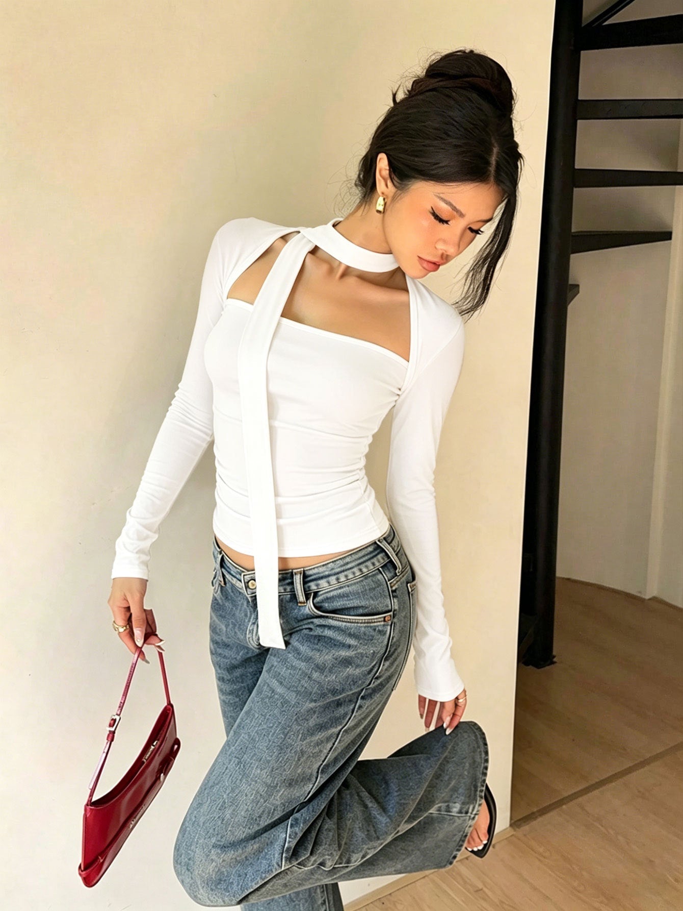 Sexy Square Collar Halter Tied Long Sleeves Top Slim Fit Slimming Sexy Outer Wear Bottoming Shirt Women Bella Mia