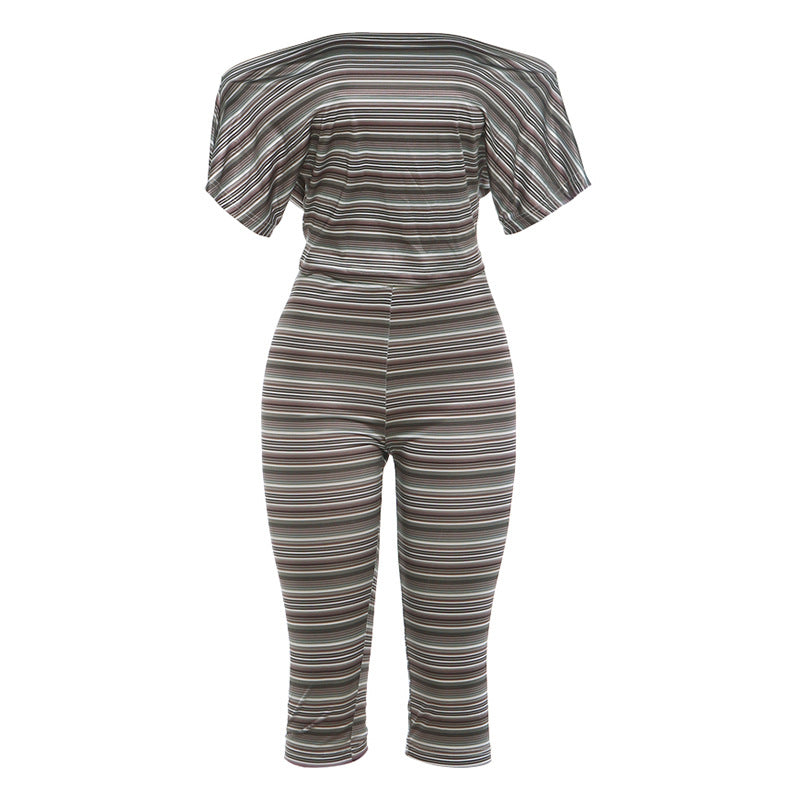 Summer Women Striped Sexy Tube Top off Shoulder Short Sleeve Skinny Knee Length Pants Set