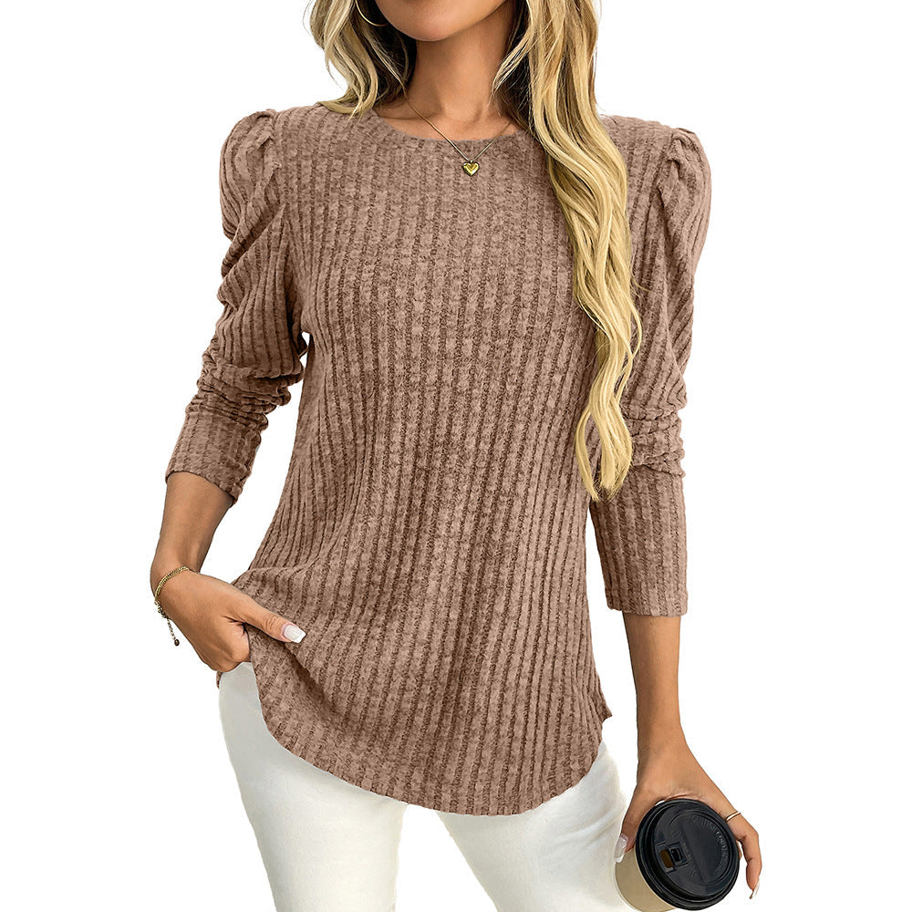 Arrival Women round Neck Puff Sleeve Brushed Sunken Stripe Solid Color Upper Clothes Long Sleeves T shirt Bella Mia