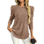 Arrival Women round Neck Puff Sleeve Brushed Sunken Stripe Solid Color Upper Clothes Long Sleeves T shirt Bella Mia