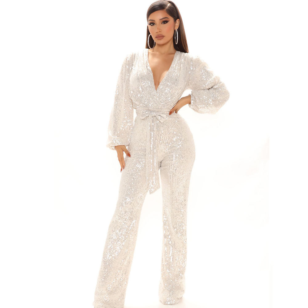 Fall High-End Women Sequ Deep V-neck Long Sleeve Jumpsuit Jumpsuit Trousers Bella Mia