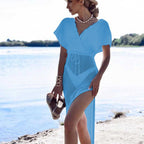 Summer Beach Dress Sexy Slit Short Sleeve Hollow Out Cutout out Strap Bikini Sun Shield Hanfu Long Robe Dress Crochet hook Crochet hook Crochet hook Bella Mia