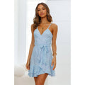 Women Clothing Summer New Lace V-neck Spaghetti-Strap Ruffle Irregular Asymmetric Mini Dress Short